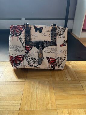 Butterfly Print Tote Bag with Black Trim
